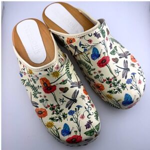 Bjork Swedish Comfort Clogs Women EU 41 US 10.5/11 Floral Dragonfly Wood Sole